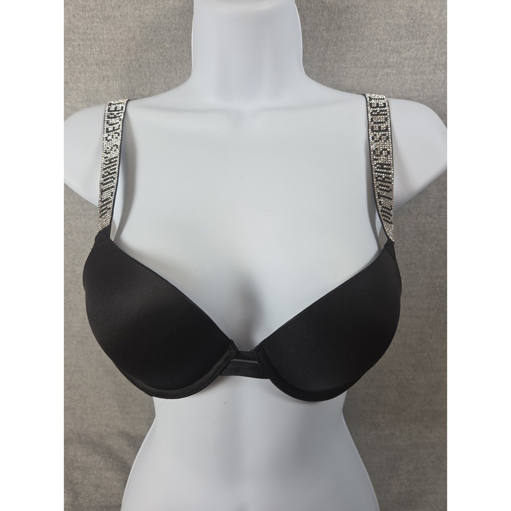 VICTORIAS SECRET 34A VERY SEXY SHINE STRAP Black PUSH UP‎ BRA Vamp Gothic